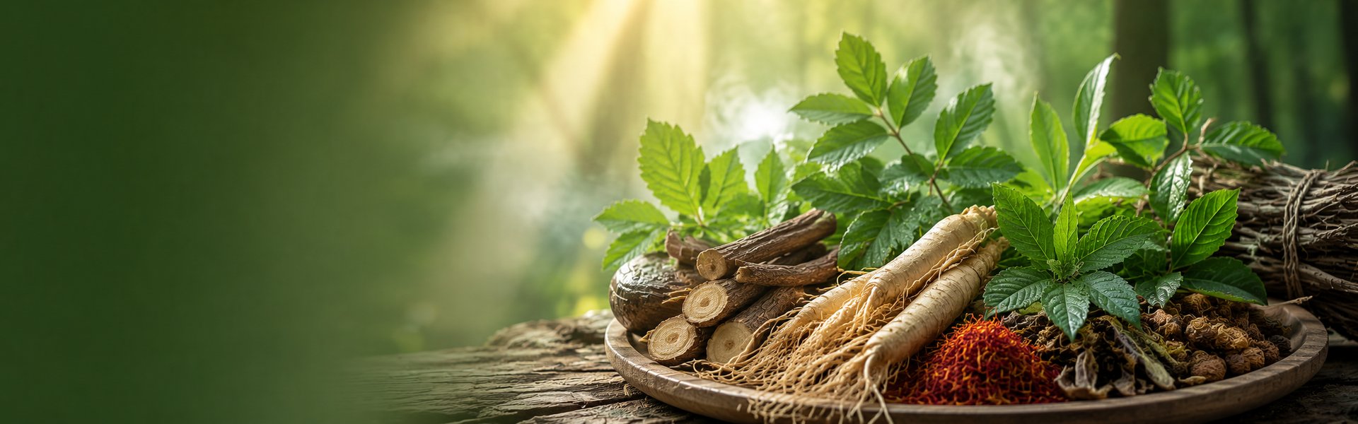 Racines de maca et plantes toniques séchées disposées sur un plan de travail en bois clair